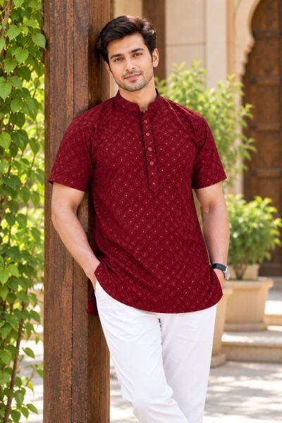 Iconic Maroon Rayon Chikan Work Kurta with Front and Back Embroidery Kurta Pajama Wholesale