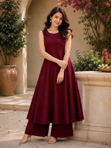 Iconic Maroon Tesla 2 Piece Kurti Set With Hand Work On Neck For Kurti Set Bulk Buyers Kurtis