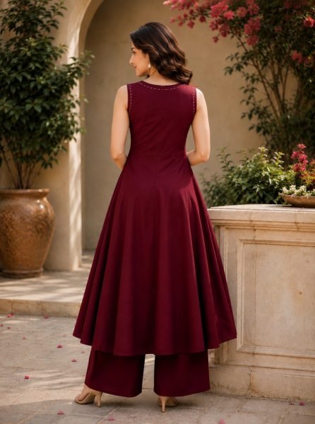 Iconic Maroon Tesla 2 Piece Kurti Set With Hand Work On Neck For Kurti Set Bulk Buyers Anarkali Kurtis 