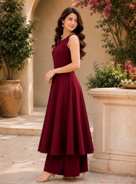 Iconic Maroon Tesla 2 Piece Kurti Set With Hand Work On Neck For Kurti Set Bulk Buyers Anarkali Kurtis 