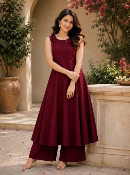 Iconic Maroon Tesla 2 Piece Kurti Set With Hand Work On Neck For Kurti Set Bulk Buyers Anarkali Kurtis 