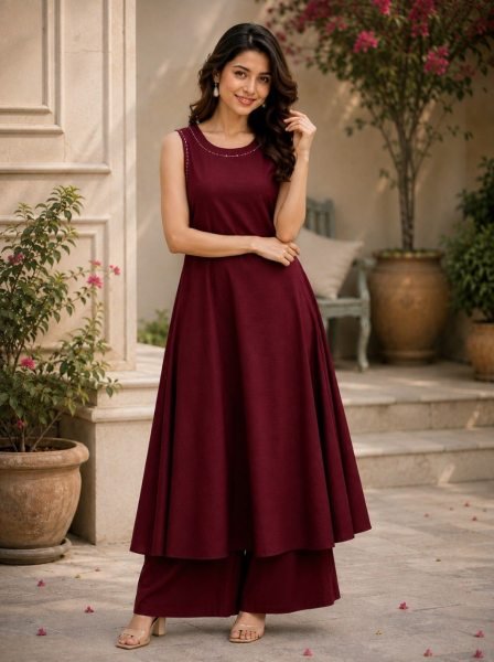 Iconic Maroon Tesla 2 Piece Kurti Set With Hand Work On Neck For Kurti Set Bulk Buyers Anarkali Kurtis 