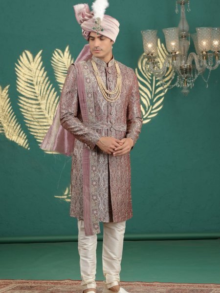 Iconic Mauve Pink Designer Traditional Banarasi Kurta Pajama Set for Festive Celebrations Mens Wear