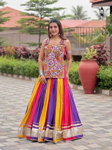 Iconic Multi Color  Navratri Pure Cotton Gamthi Work Lehenga Choli with Real Mirror Work  Lehenga
