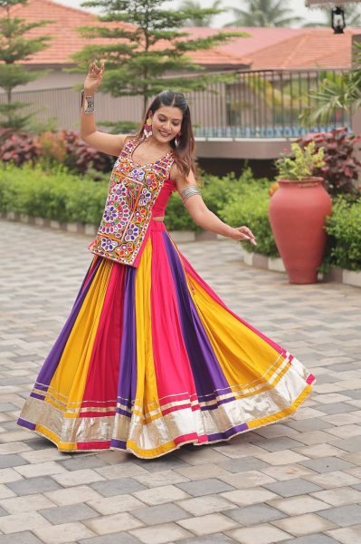 Iconic Multi Color  Navratri Pure Cotton Gamthi Work Lehenga Choli with Real Mirror Work Navratri Lehnega Choli