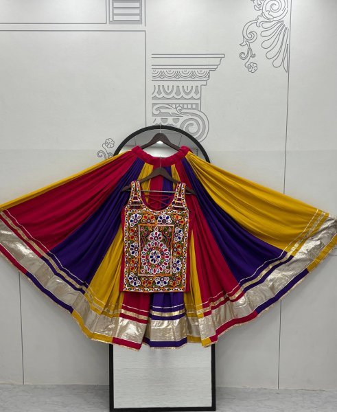 Iconic Multi Color  Navratri Pure Cotton Gamthi Work Lehenga Choli with Real Mirror Work Navratri Lehnega Choli