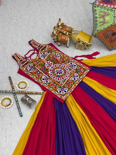 Iconic Multi Color  Navratri Pure Cotton Gamthi Work Lehenga Choli with Real Mirror Work Navratri Lehnega Choli