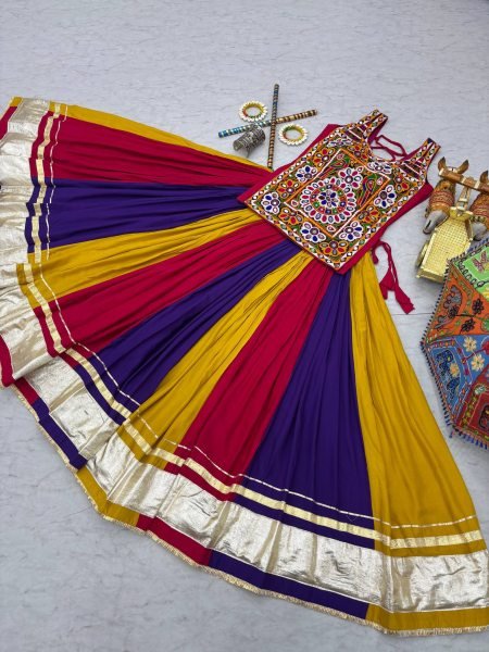 Iconic Multi Color  Navratri Pure Cotton Gamthi Work Lehenga Choli with Real Mirror Work Navratri Lehnega Choli
