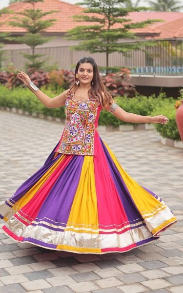 Iconic Multi Color  Navratri Pure Cotton Gamthi Work Lehenga Choli with Real Mirror Work Navratri Lehnega Choli