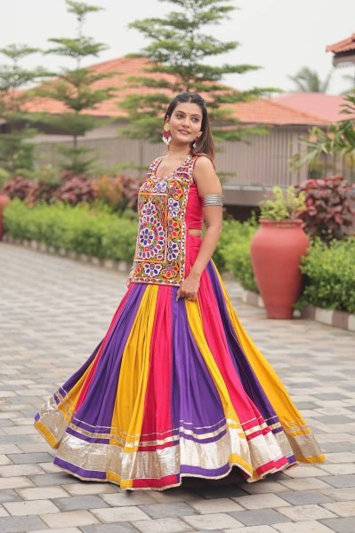 Iconic Multi Color  Navratri Pure Cotton Gamthi Work Lehenga Choli with Real Mirror Work Navratri Lehnega Choli