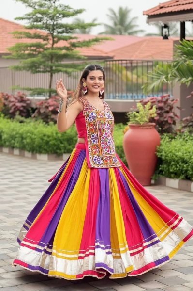 Iconic Multi Color  Navratri Pure Cotton Gamthi Work Lehenga Choli with Real Mirror Work Navratri Lehnega Choli
