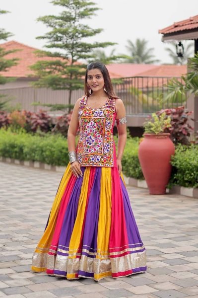 Iconic Multi Color  Navratri Pure Cotton Gamthi Work Lehenga Choli with Real Mirror Work Navratri Lehnega Choli