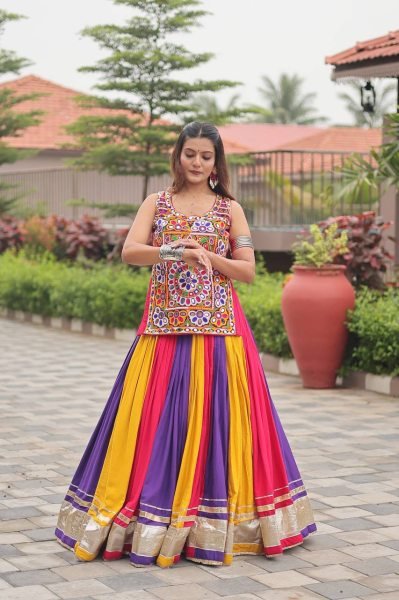 Iconic Multi Color  Navratri Pure Cotton Gamthi Work Lehenga Choli with Real Mirror Work Navratri Lehnega Choli