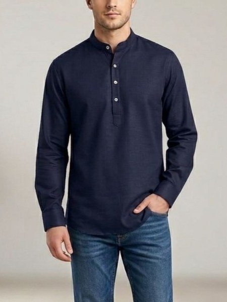 Iconic Navy Blue Designer Heavy Cotton Short Kurta for Men with Cuff Sleeves 