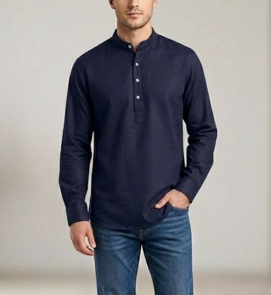 Iconic Navy Blue Designer Heavy Cotton Short Kurta for Men with Cuff Sleeves Mens Shirt
