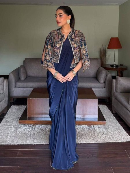 Iconic Navy Blue Lycra Drape Saree with Embroidered Silk Jacket Ready To Wear Saree 
