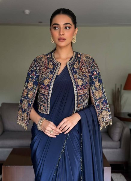 Iconic Navy Blue Lycra Drape Saree with Embroidered Silk Jacket Ready To Wear Saree 