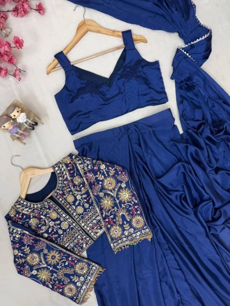 Iconic Navy Blue Lycra Drape Saree with Embroidered Silk Jacket Ready To Wear Saree 