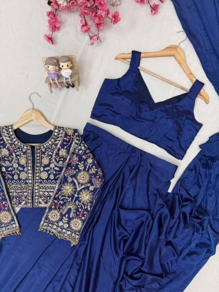 Iconic Navy Blue Lycra Drape Saree with Embroidered Silk Jacket Ready To Wear Saree 