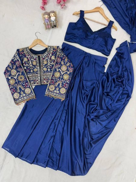 Iconic Navy Blue Lycra Drape Saree with Embroidered Silk Jacket Ready To Wear Saree 