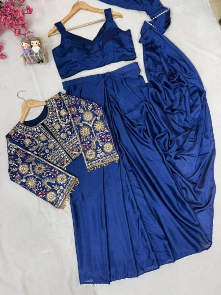 Iconic Navy Blue Lycra Drape Saree with Embroidered Silk Jacket Ready To Wear Saree 