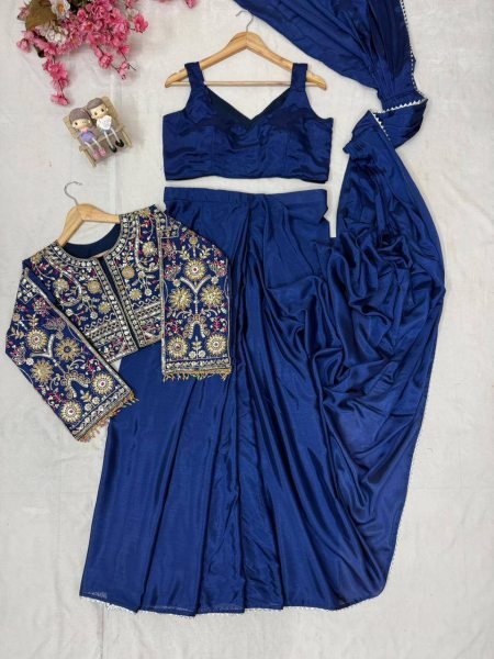 Iconic Navy Blue Lycra Drape Saree with Embroidered Silk Jacket Ready To Wear Saree 