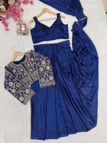 Iconic Navy Blue Lycra Drape Saree with Embroidered Silk Jacket Ready To Wear Saree 