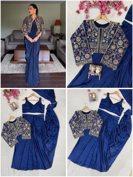 Iconic Navy Blue Lycra Drape Saree with Embroidered Silk Jacket Ready To Wear Saree 