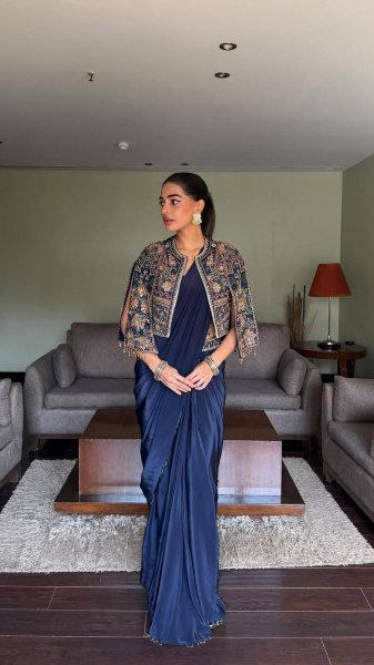 Iconic Navy Blue Lycra Drape Saree with Embroidered Silk Jacket Ready To Wear Saree 