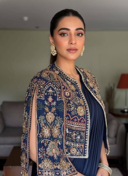 Iconic Navy Blue Lycra Drape Saree with Embroidered Silk Jacket Ready To Wear Saree 