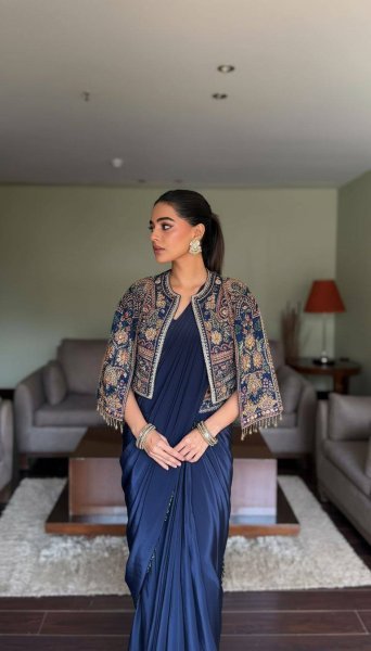 Iconic Navy Blue Lycra Drape Saree with Embroidered Silk Jacket Ready To Wear Saree 
