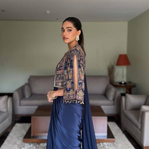 Iconic Navy Blue Lycra Drape Saree with Embroidered Silk Jacket Ready To Wear Saree 