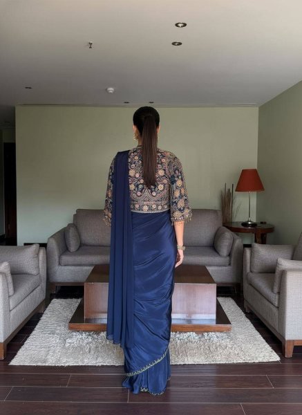 Iconic Navy Blue Lycra Drape Saree with Embroidered Silk Jacket Ready To Wear Saree 