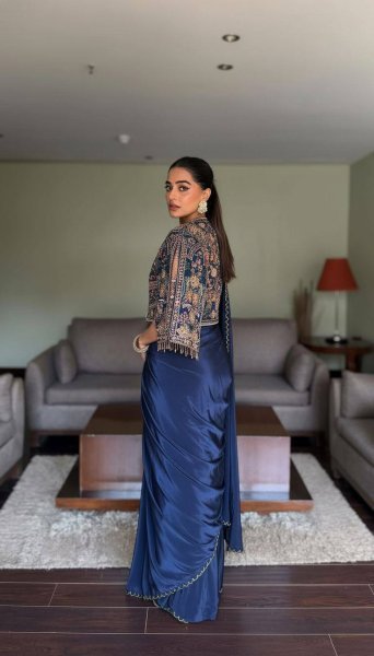 Iconic Navy Blue Lycra Drape Saree with Embroidered Silk Jacket Ready To Wear Saree 