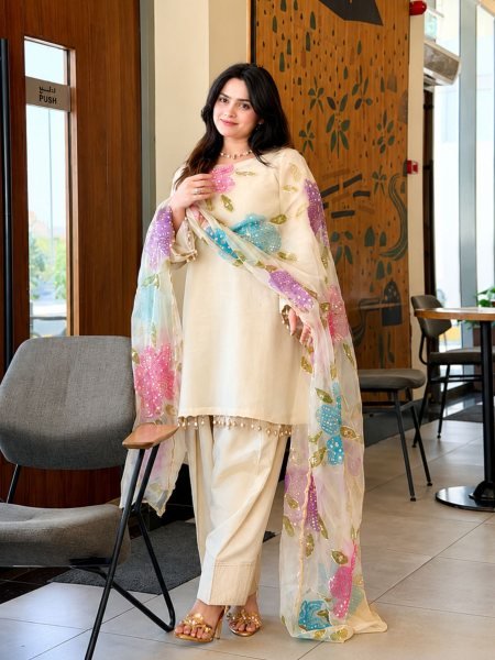 Iconic Off White Natural Crepe Farshi Salwar Suit with Organza Dupatta Printed For Party Wear Ready To Wear Suit