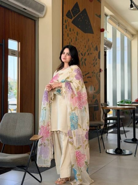 Iconic Off White Natural Crepe Farshi Salwar Suit with Organza Dupatta Printed For Party Wear Ready To Wear Collection
