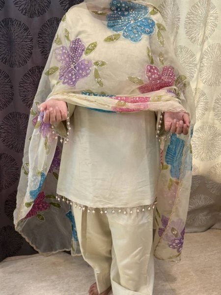 Iconic Off White Natural Crepe Farshi Salwar Suit with Organza Dupatta Printed For Party Wear Ready To Wear Collection