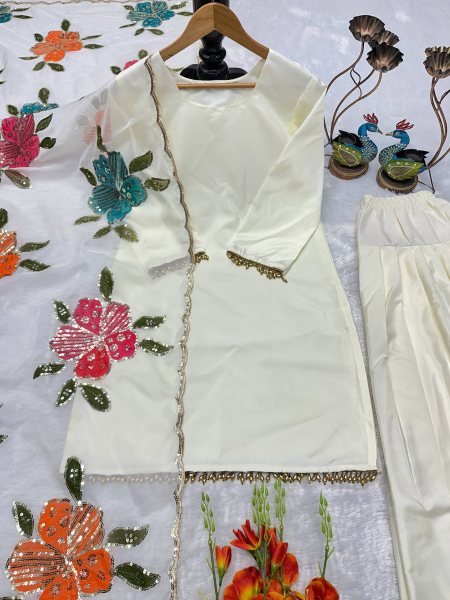 Iconic Off White Natural Crepe Farshi Salwar Suit with Organza Dupatta Printed For Party Wear Ready To Wear Collection