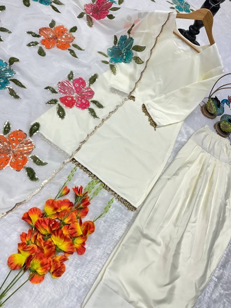 Iconic Off White Natural Crepe Farshi Salwar Suit with Organza Dupatta Printed For Party Wear Ready To Wear Collection
