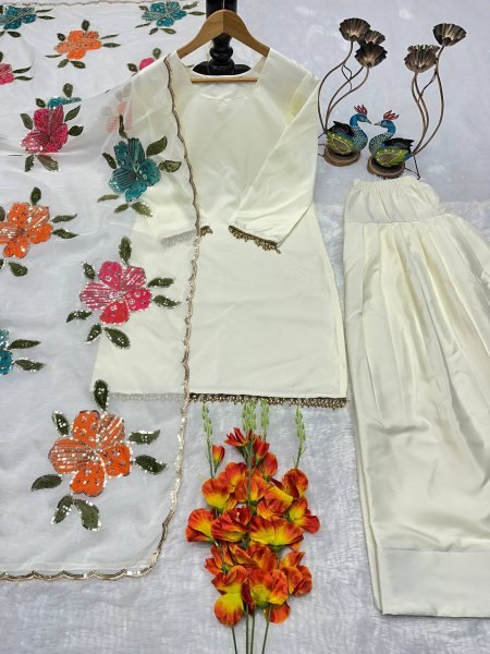 Iconic Off White Natural Crepe Farshi Salwar Suit with Organza Dupatta Printed For Party Wear Ready To Wear Collection