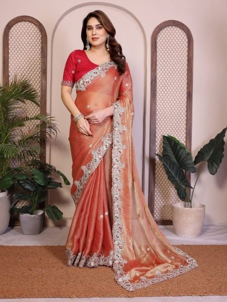 Iconic Orange Chiffon Silk Saree with Butta Work and Piping Border for Wedding Wear Pure Chiffon Sarees Wholesale