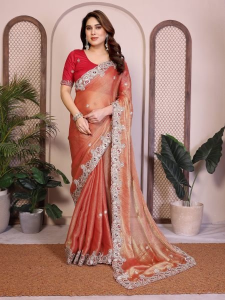 Iconic Orange Chiffon Silk Saree with Butta Work and Piping Border for Wedding Wear Pure Chiffon Sarees Wholesale