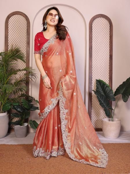 Iconic Orange Chiffon Silk Saree with Butta Work and Piping Border for Wedding Wear Pure Chiffon Sarees Wholesale