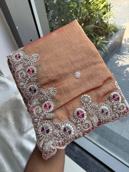 Iconic Orange Chiffon Silk Saree with Butta Work and Piping Border for Wedding Wear Pure Chiffon Sarees Wholesale