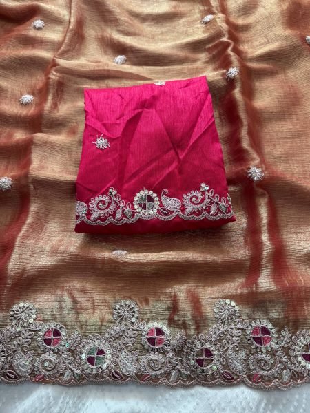 Iconic Orange Chiffon Silk Saree with Butta Work and Piping Border for Wedding Wear Pure Chiffon Sarees Wholesale