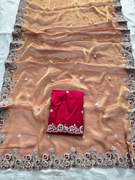 Iconic Orange Chiffon Silk Saree with Butta Work and Piping Border for Wedding Wear Pure Chiffon Sarees Wholesale