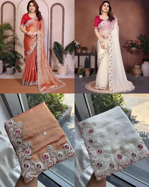 Iconic Orange Chiffon Silk Saree with Butta Work and Piping Border for Wedding Wear Pure Chiffon Sarees Wholesale