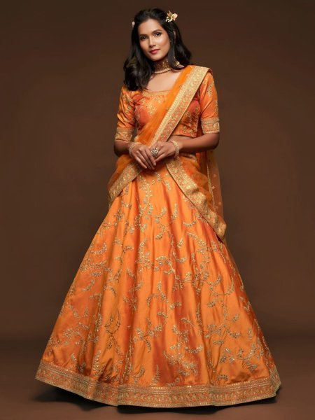 Iconic Orange Designer Semi Stitched Lehenga Set in Art Silk for Wedding Wear  Lehenga