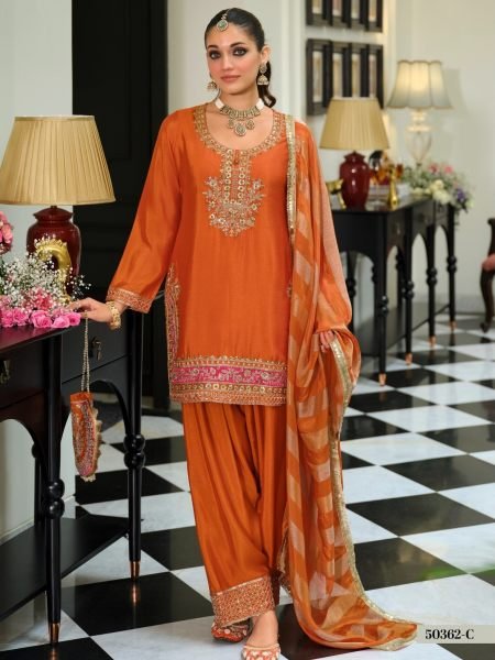 Iconic Orange Wedding Wear Chinon Beads Embroidered Farshi Suit for Women Salwar Kameez