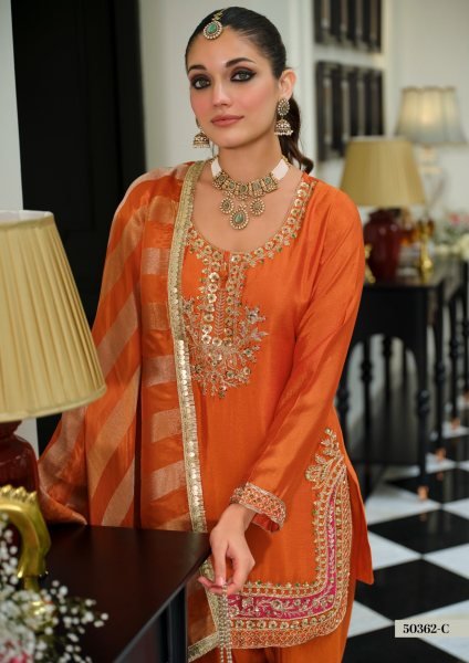 Iconic Orange Wedding Wear Chinon Beads Embroidered Farshi Suit for Women Churidar Salwar Suits Wholesale